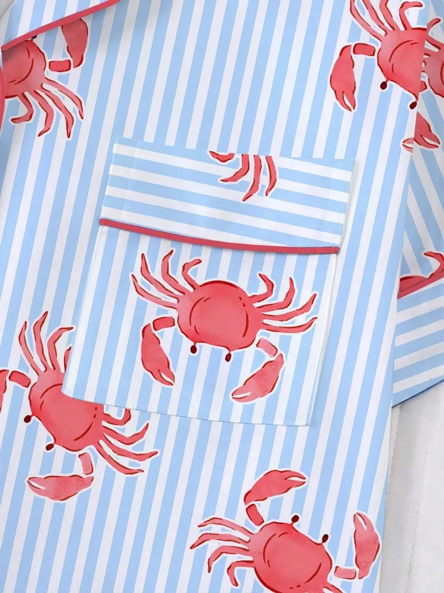 Crab Print Women's Pajama Set — Short Sleeve Top & Loose Shorts Loungewear