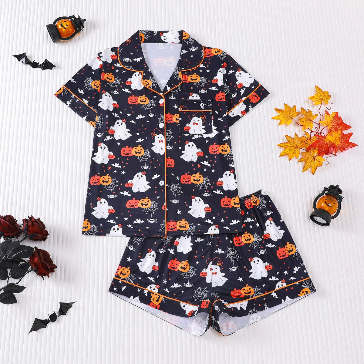Halloween Ghost & Pumpkin Women's Pajama Set — Short Sleeve Top & Shorts