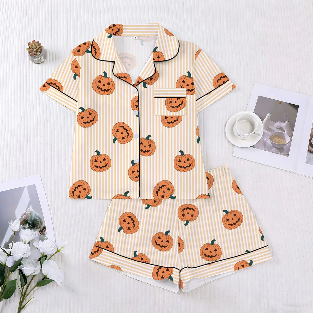 Halloween Ghost & Pumpkin Women's Pajama Set — Short Sleeve Top & Shorts