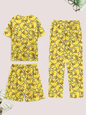 Men's casual pajama set of 3 pieces, duck-print short-sleeved T-shirt, shorts, and pants, comfortable summer clothing