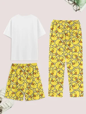 Men's casual pajama set of 3 pieces, duck-print short-sleeved T-shirt, shorts, and pants, comfortable summer clothing