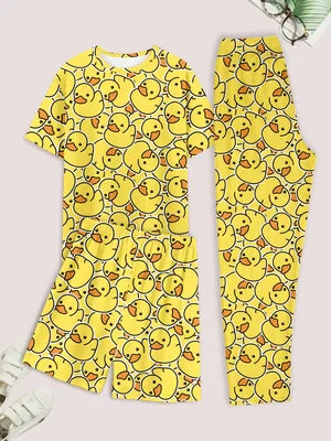 Men's casual pajama set of 3 pieces, duck-print short-sleeved T-shirt, shorts, and pants, comfortable summer clothing