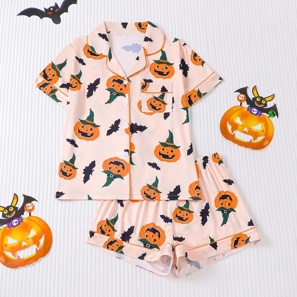 Halloween Ghost & Pumpkin Women's Pajama Set — Short Sleeve Top & Shorts