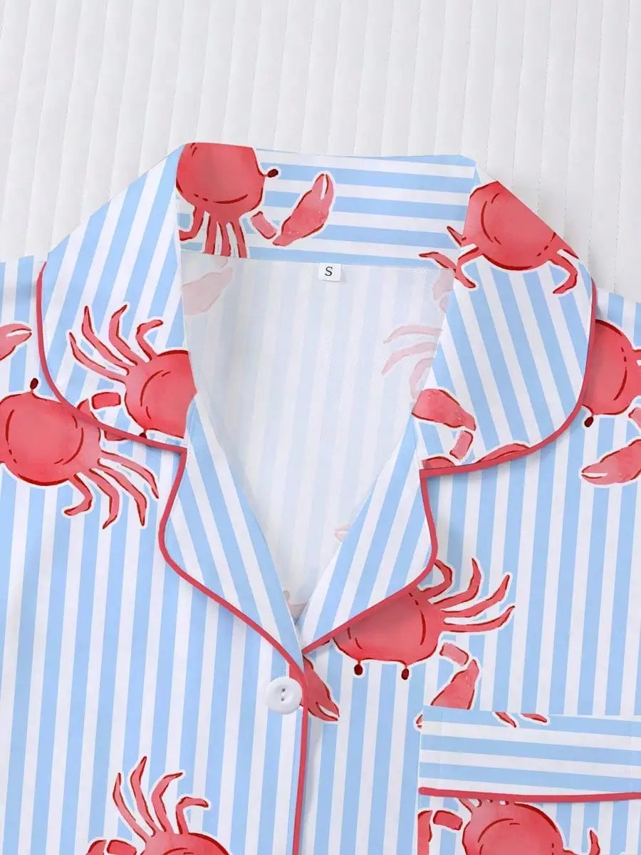 Crab Print Women's Pajama Set — Short Sleeve Top & Loose Shorts Loungewear