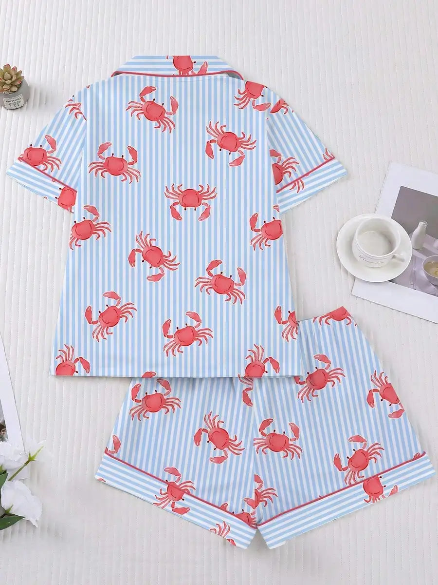 Crab Print Women's Pajama Set — Short Sleeve Top & Loose Shorts Loungewear