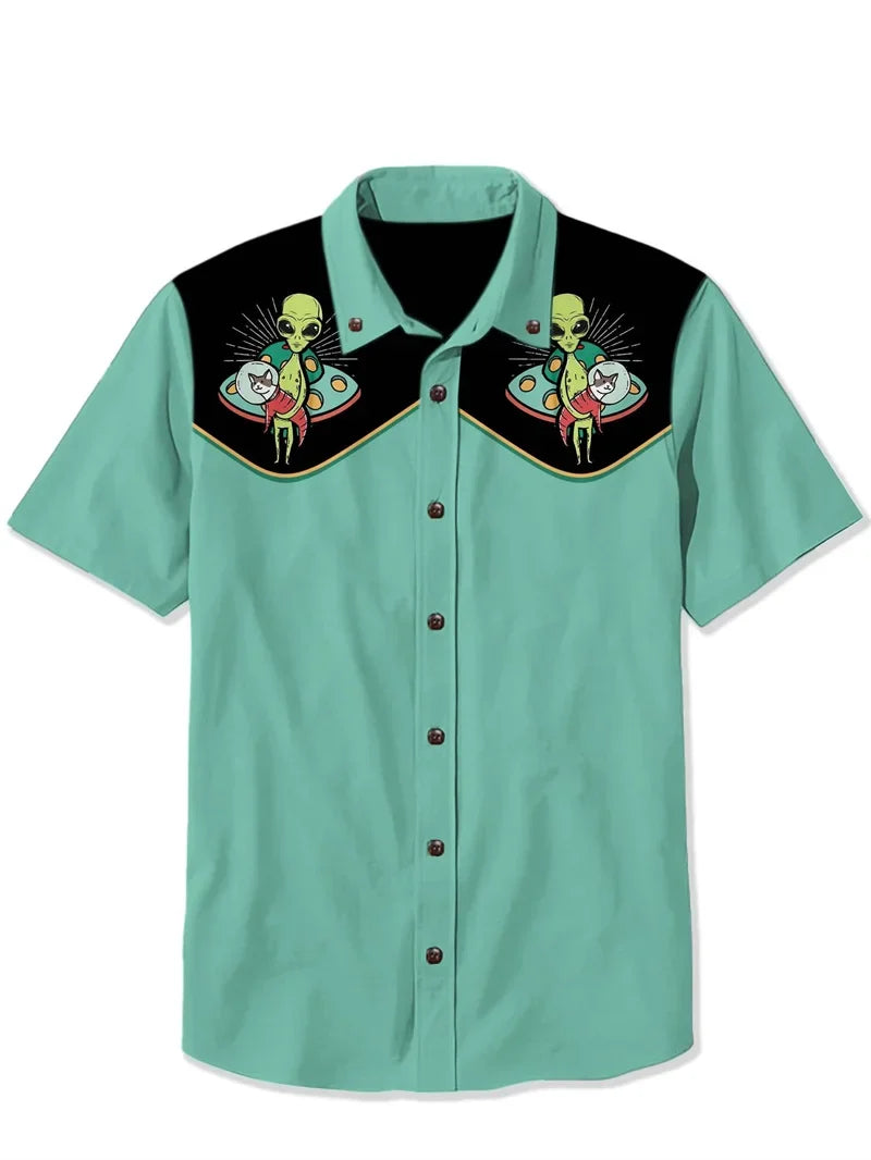 Alien Space Cat Men's Shirt — Retro Camp Collar Button-Down