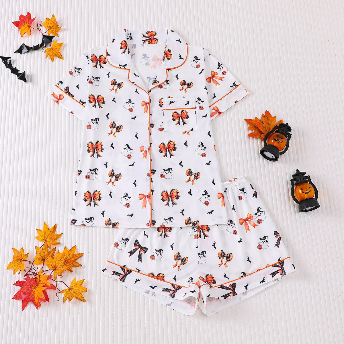 Halloween Ghost & Pumpkin Women's Pajama Set — Short Sleeve Top & Shorts