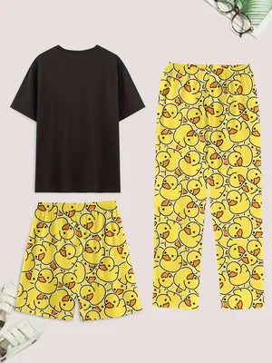 Men's casual pajama set of 3 pieces, duck-print short-sleeved T-shirt, shorts, and pants, comfortable summer clothing
