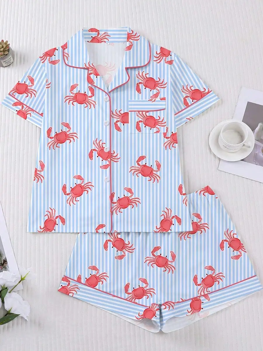 Crab Print Women's Pajama Set — Short Sleeve Top & Loose Shorts Loungewear