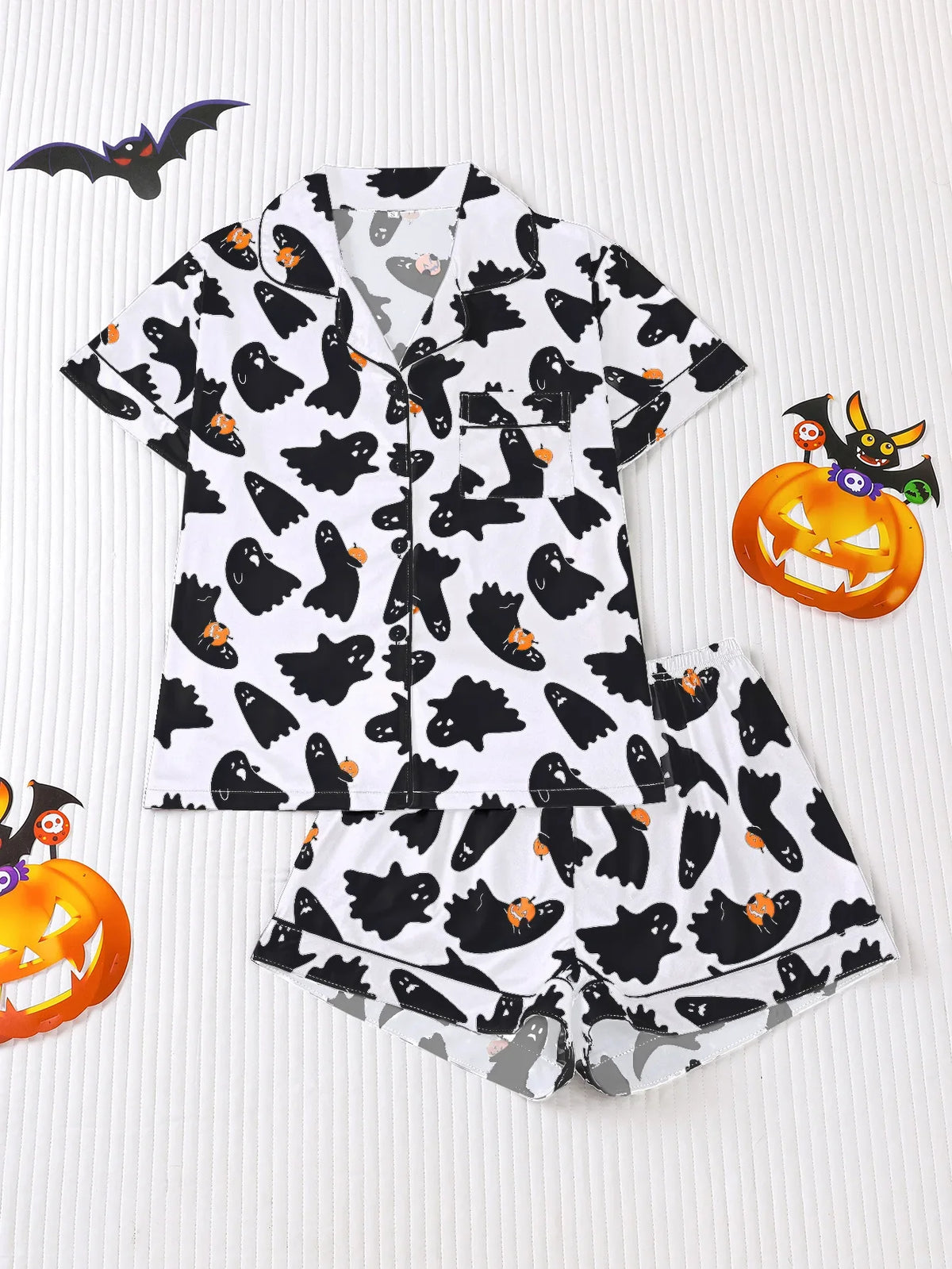 Halloween Ghost & Pumpkin Women's Pajama Set — Short Sleeve Top & Shorts