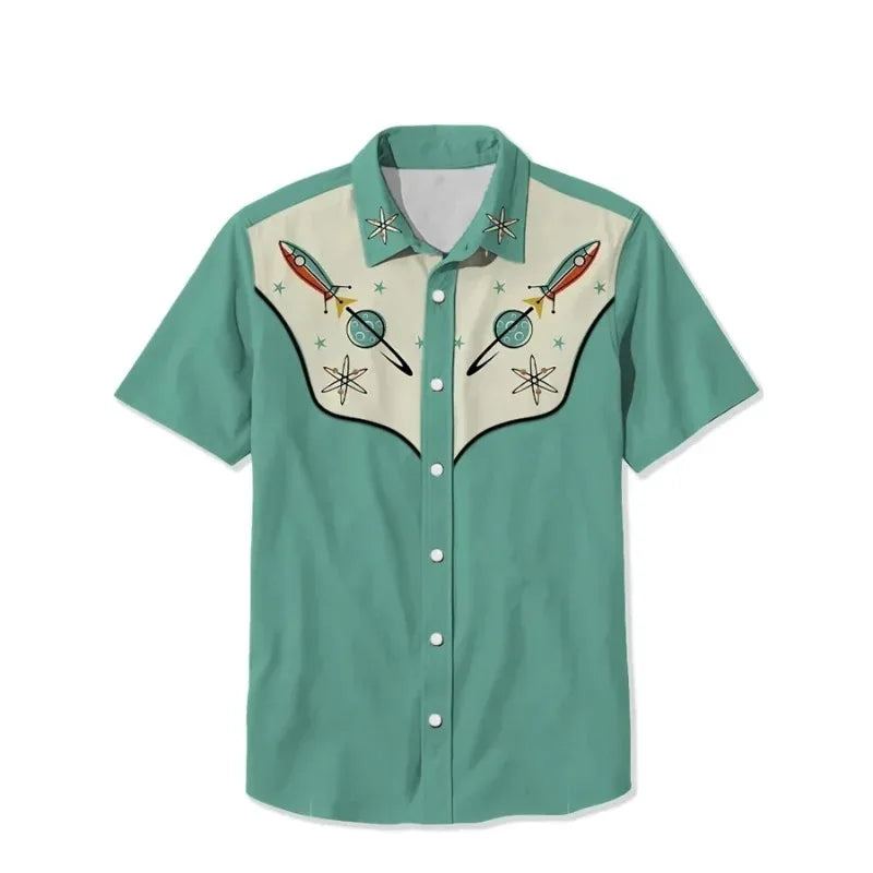 Retro Western Cactus Print Men's Shirt — Camp Collar Button-Down