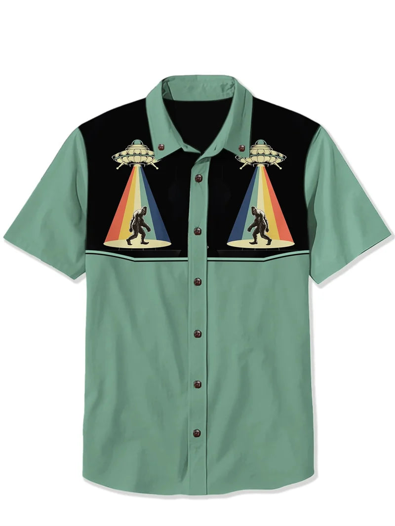 Alien vs Bigfoot Hawaiian Shirt — Men's Retro Camp Collar Button-Down