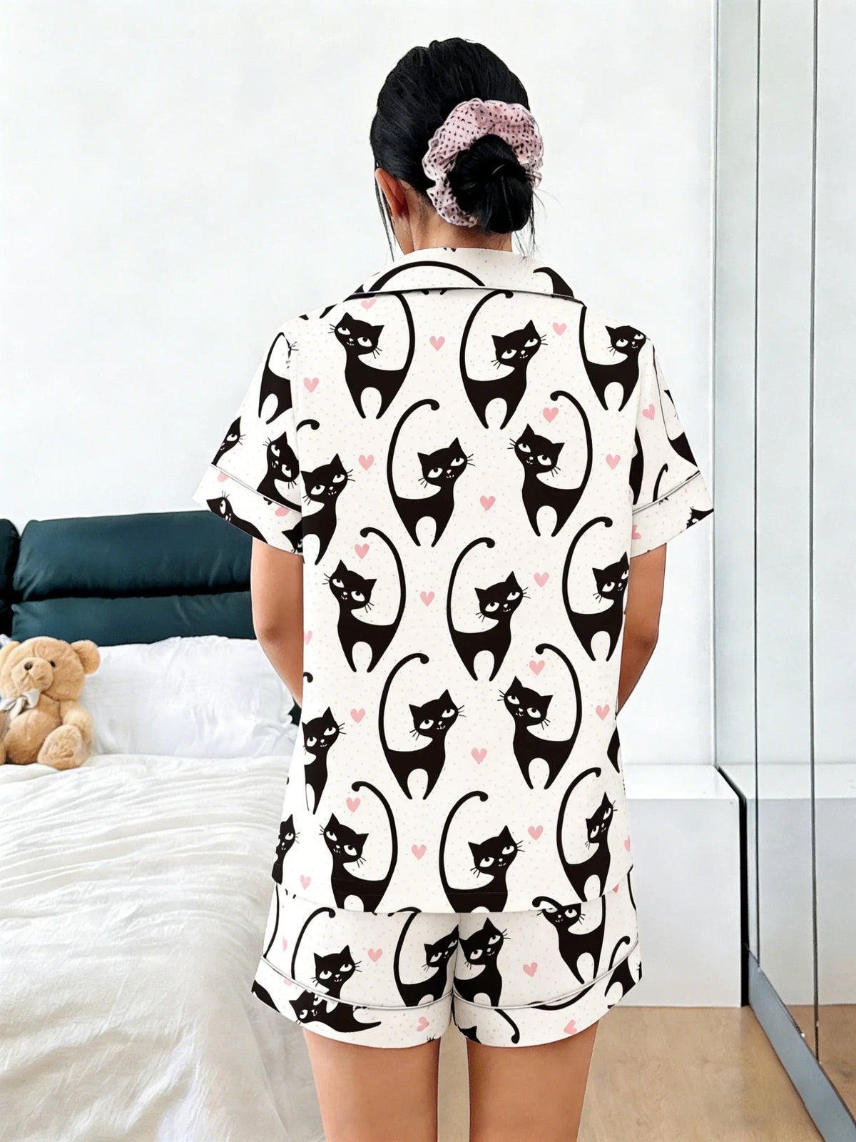 Black Cat & Hearts Women's Pajama Set — Short Sleeve Top & Shorts