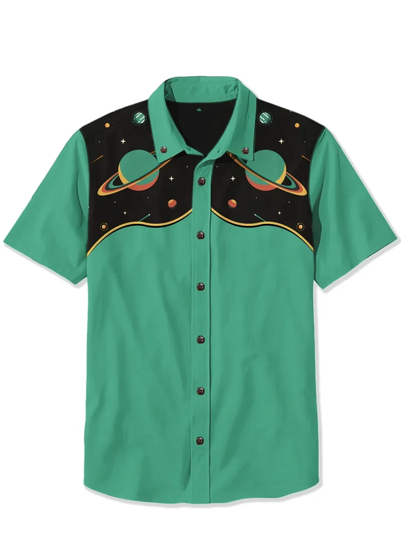 Alien Space Cat Men's Shirt — Retro Camp Collar Button-Down