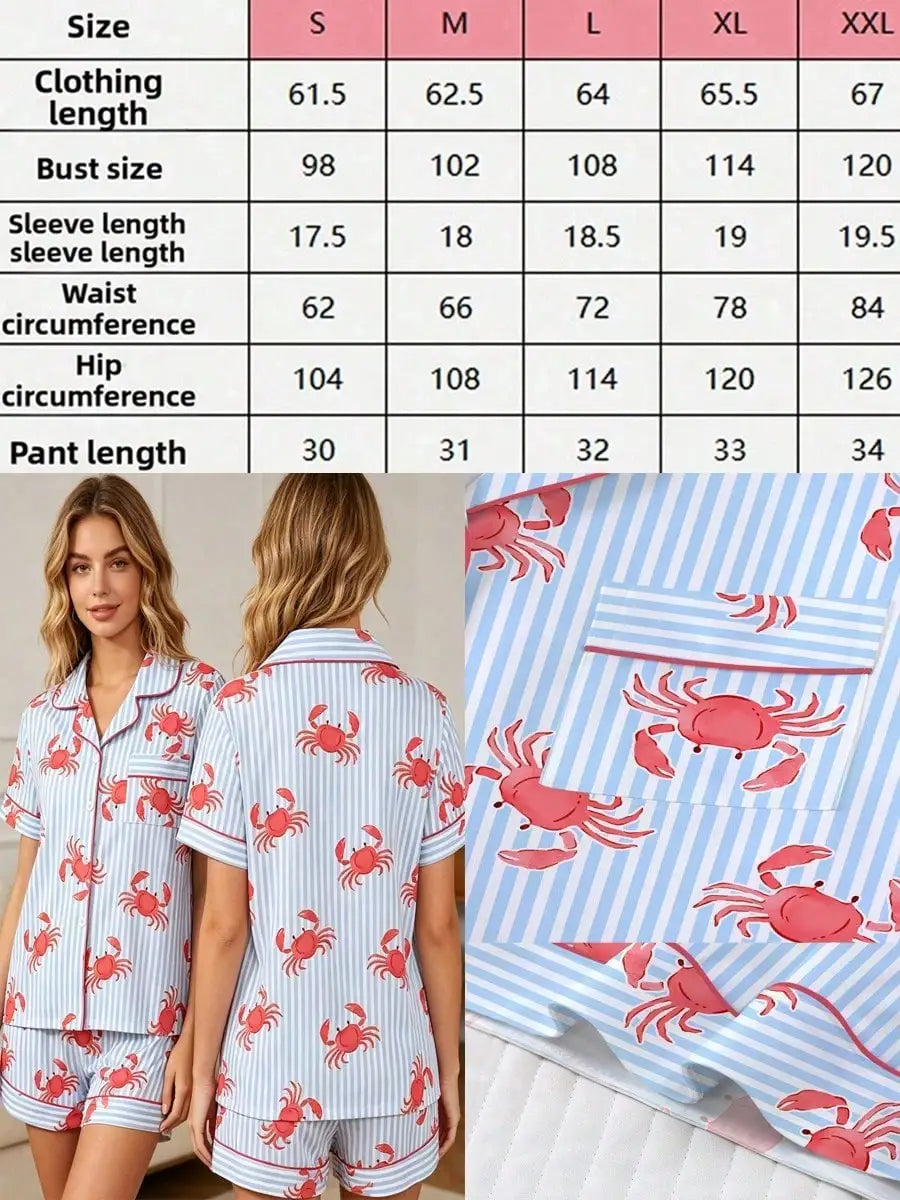 Crab Print Women's Pajama Set — Short Sleeve Top & Loose Shorts Loungewear