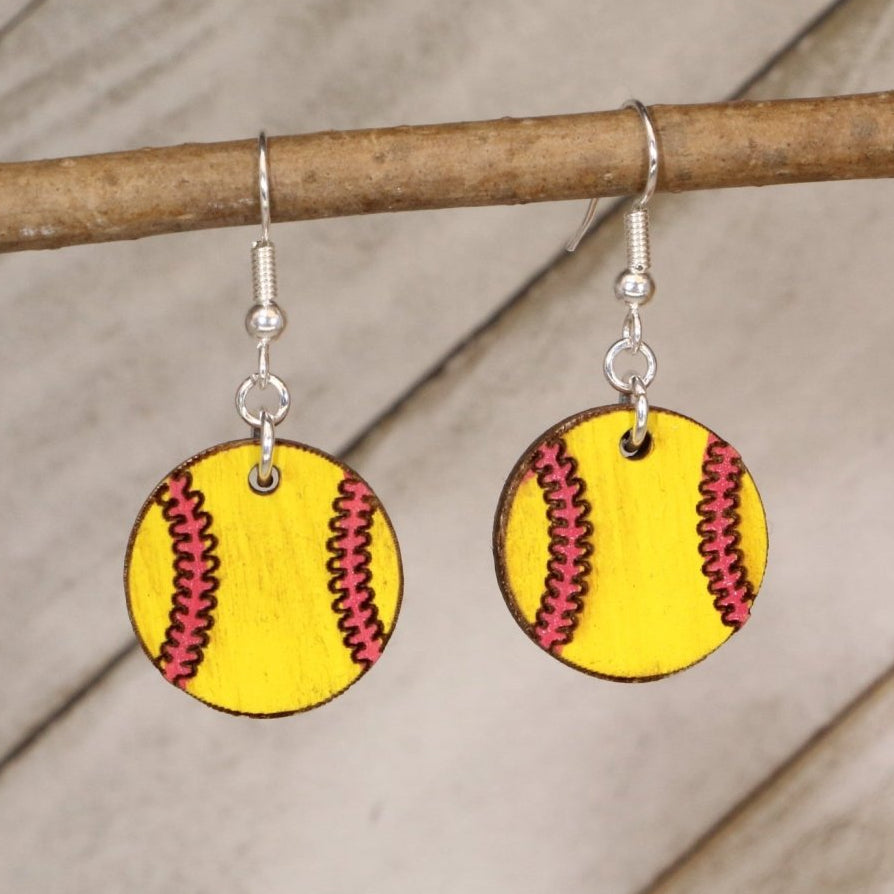 Softball Wooden Dangle Earrings | Sports Jewelry