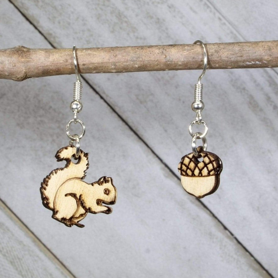 Squirrel and Acorn Wooden Dangle Earrings | Woodland Animal Jewelry