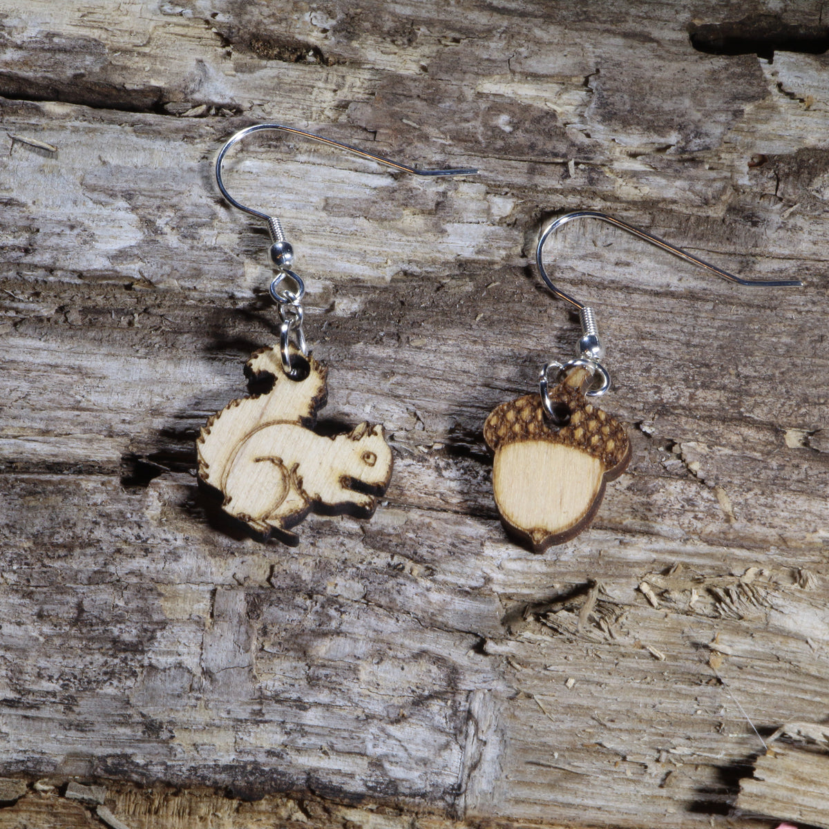 Squirrel and Acorn Wooden Dangle Earrings | Woodland Animal Jewelry