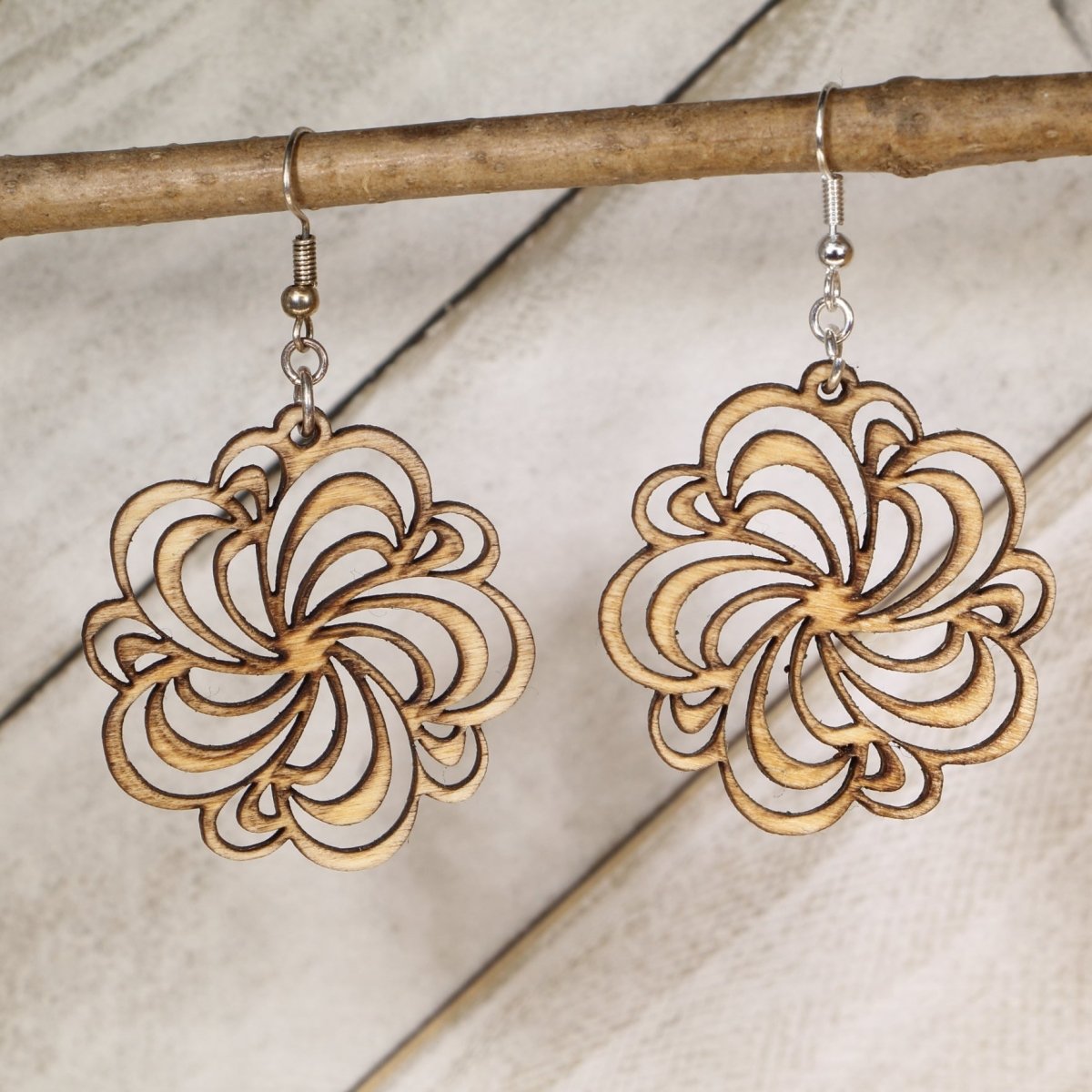 Swirl Flower Wooden Earrings | Boho Floral Cutout Jewelry