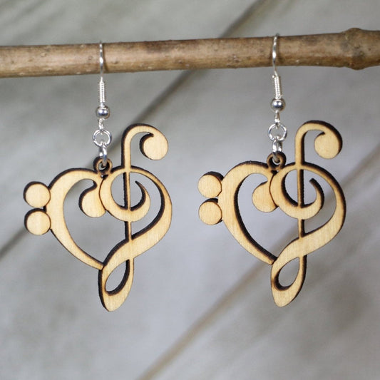 Treble and Bass Clef Heart Wooden Dangle Earrings | Music Jewelry