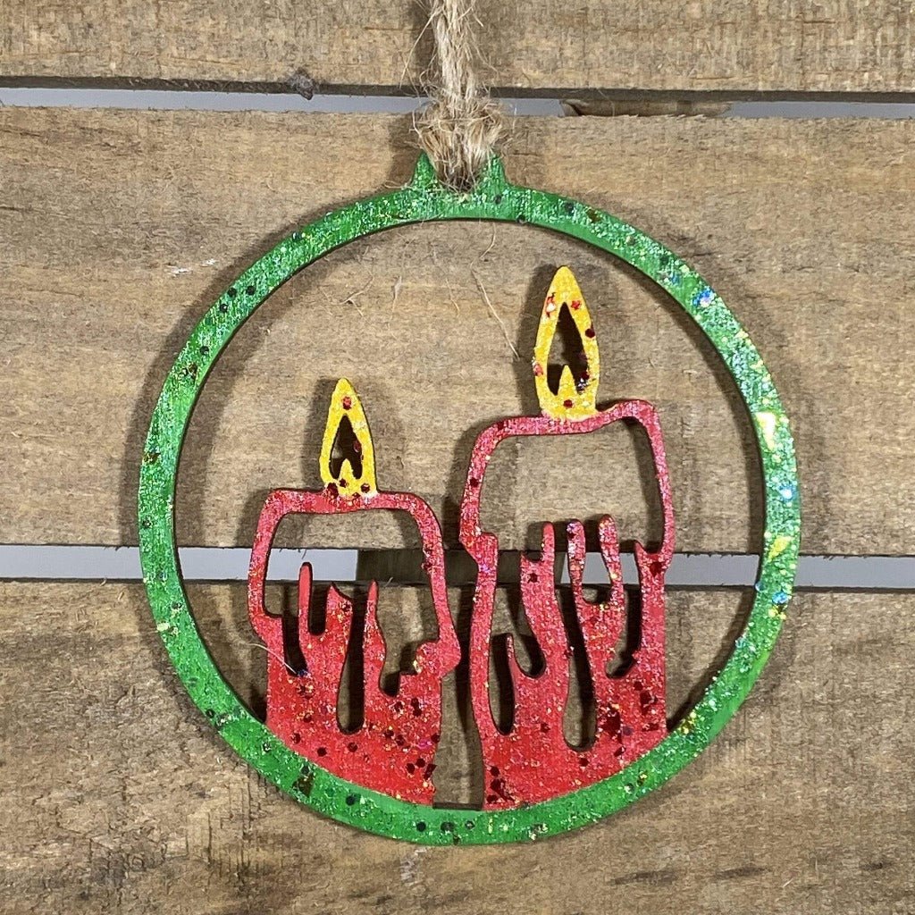 Two Candles in Circle Wooden Christmas Ornament | Elegant Holiday Decor