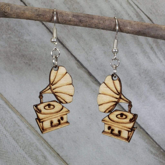 Victorian Gramophone Wooden Earrings | Vintage Music Jewelry