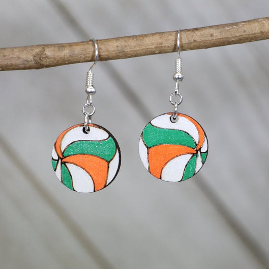 Volleyball Wooden Earrings | Green Orange White Sports Jewelry