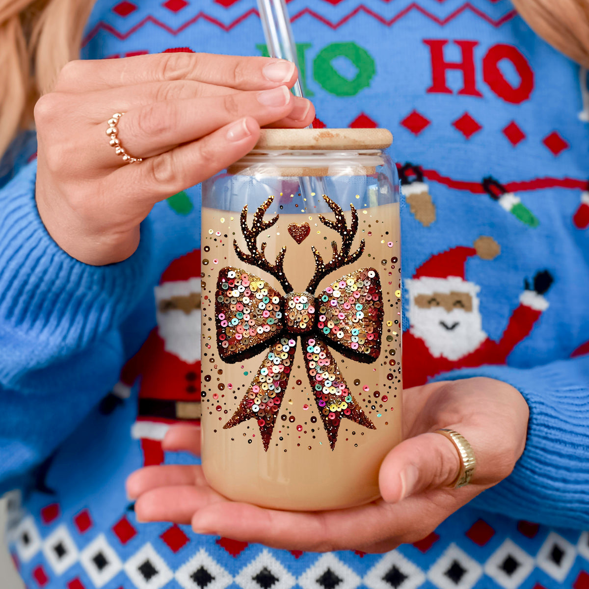 Reindeer Antlers & Sequin-Style Bow 17 oz Glass Tumbler