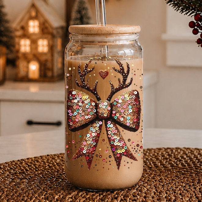 Reindeer Antlers & Sequin-Style Bow 17 oz Glass Tumbler