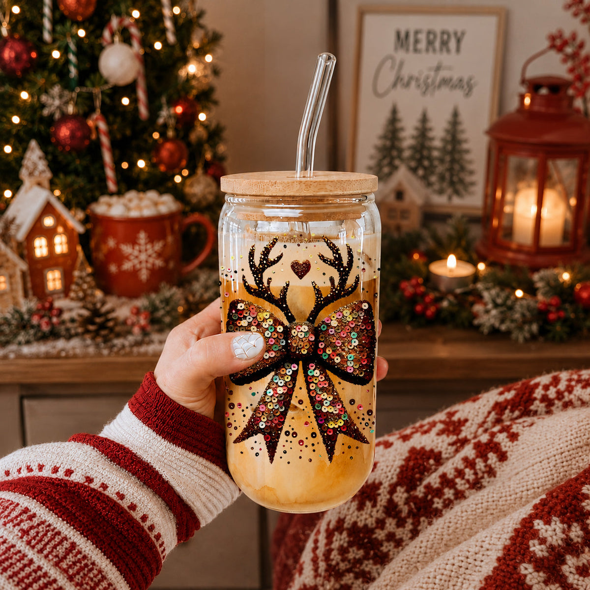Reindeer Antlers & Sequin-Style Bow 17 oz Glass Tumbler