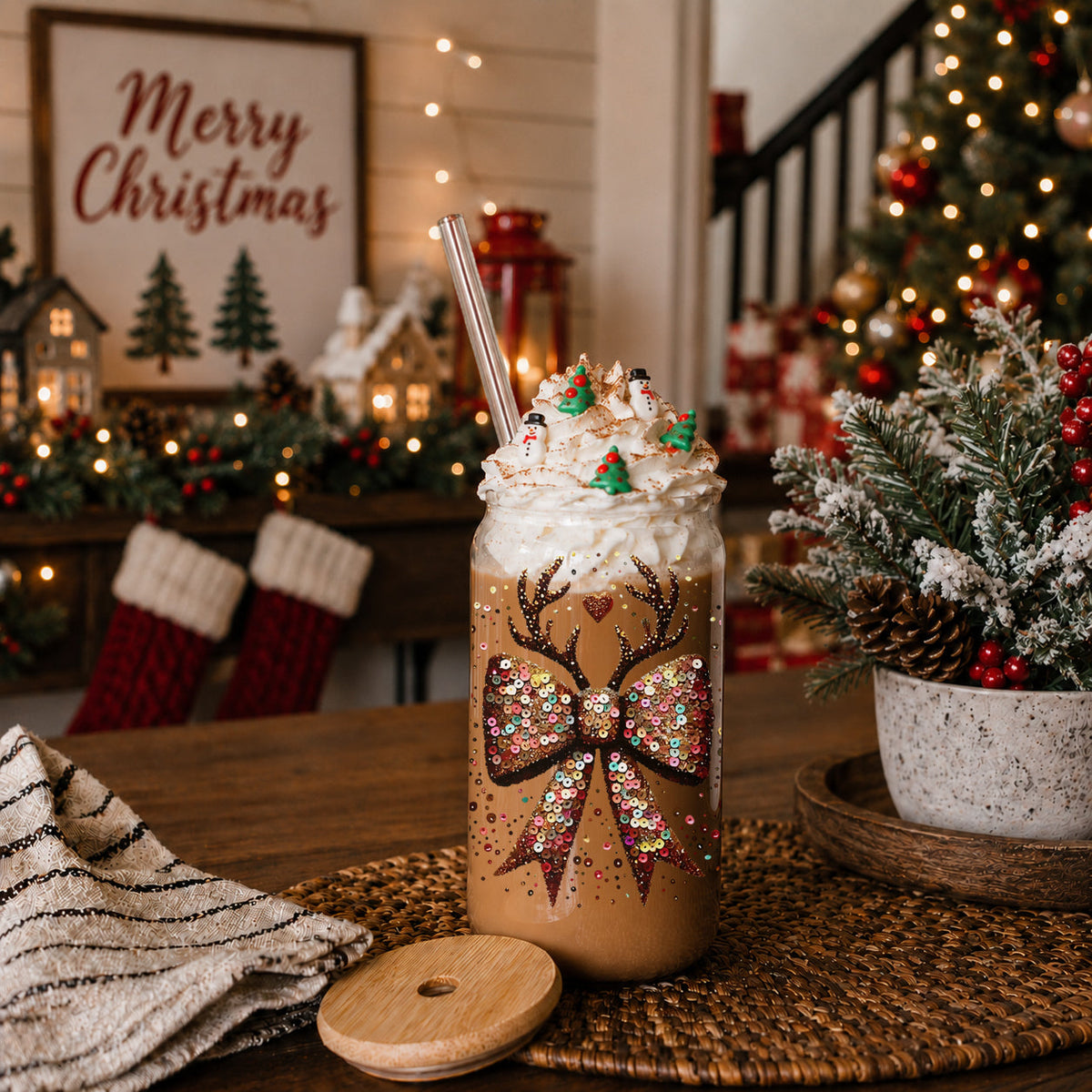 Reindeer Antlers & Sequin-Style Bow 17 oz Glass Tumbler
