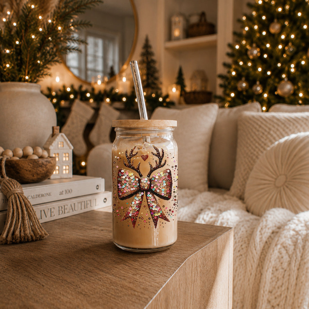 Reindeer Antlers & Sequin-Style Bow 17 oz Glass Tumbler