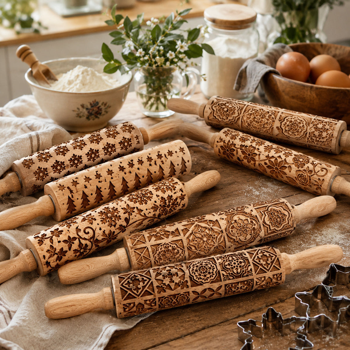 Decorative Embossed Wooden Rolling Pins for Baking