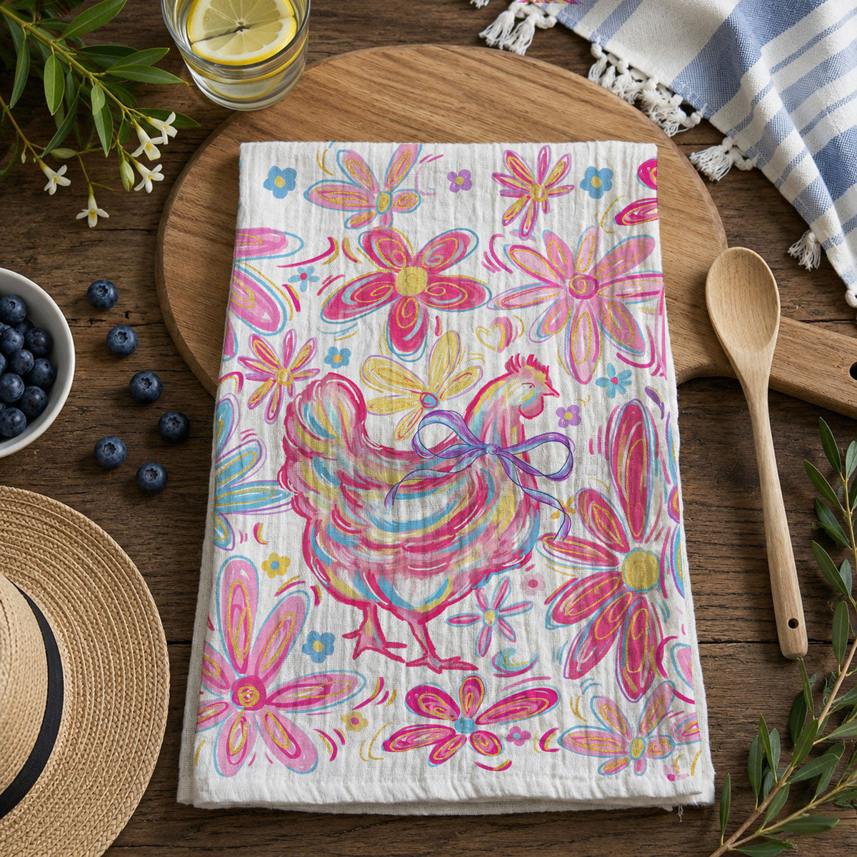 Boho Floral Chicken Kitchen Towel