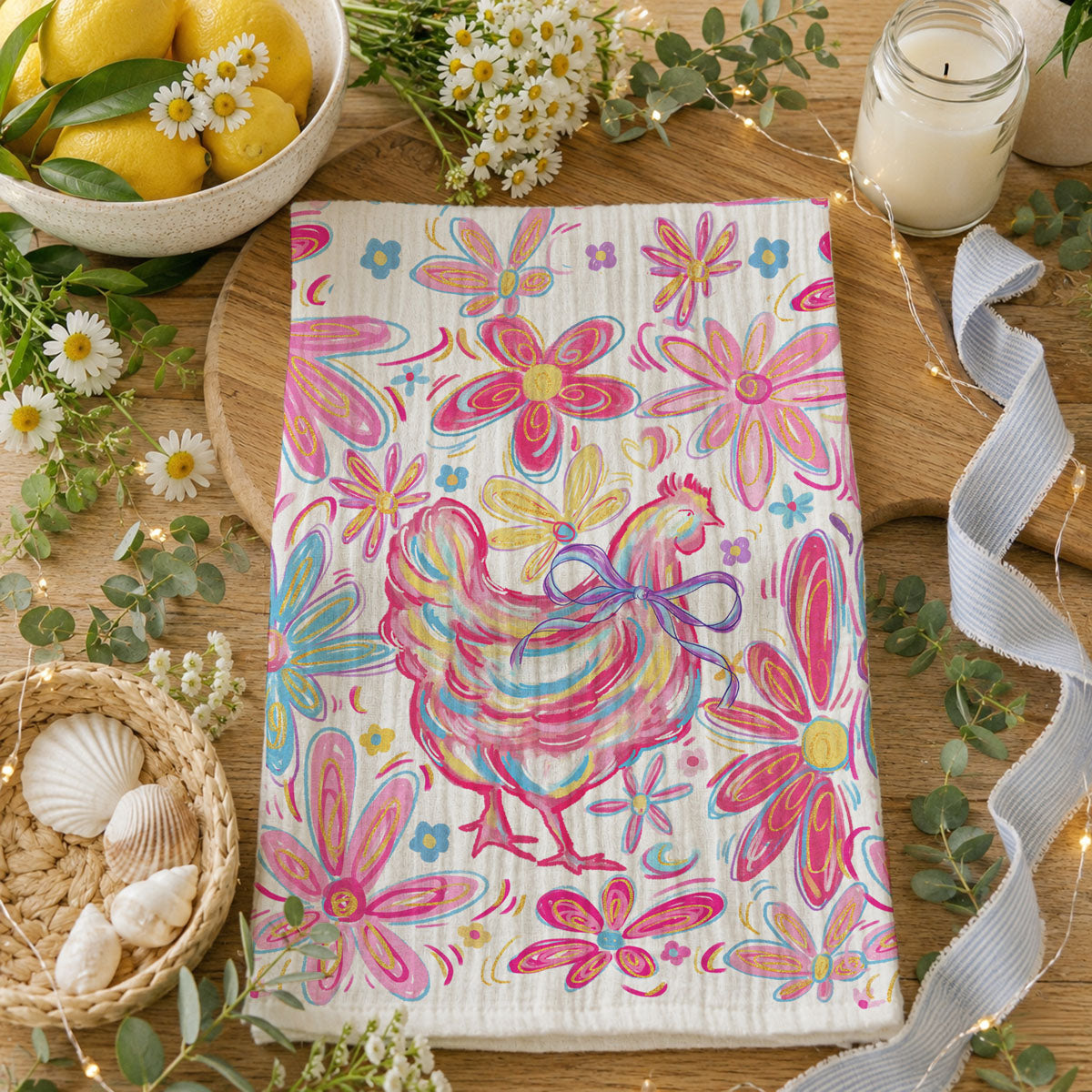Boho Floral Chicken Kitchen Towel
