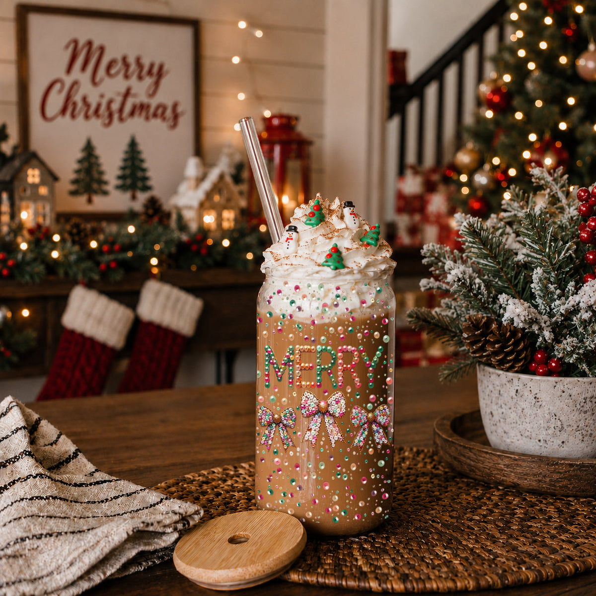 Merry Sequin Bow 17 oz Glass Tumbler