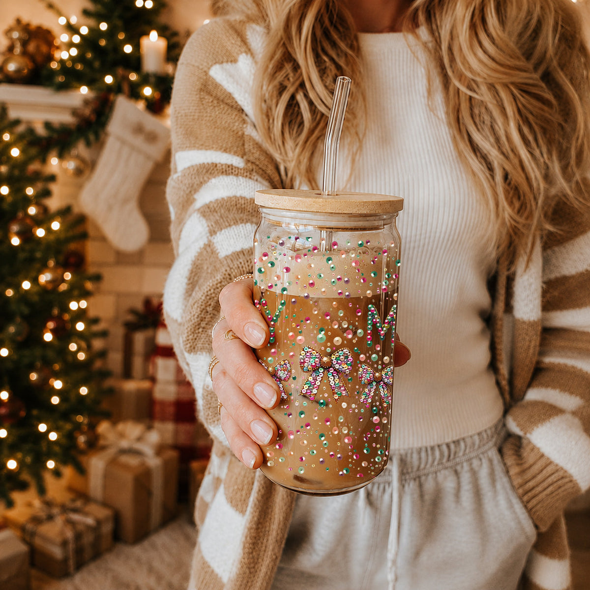 Merry Sequin Bow 17 oz Glass Tumbler