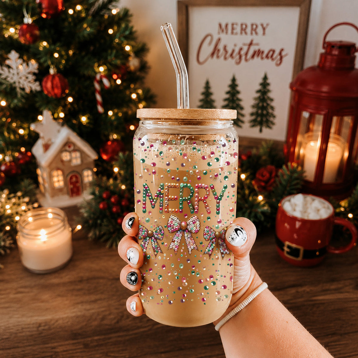 Merry Sequin Bow 17 oz Glass Tumbler