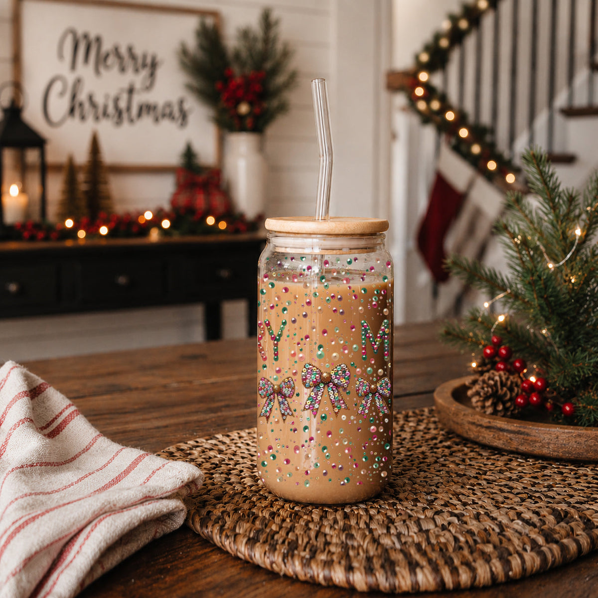 Merry Sequin Bow 17 oz Glass Tumbler