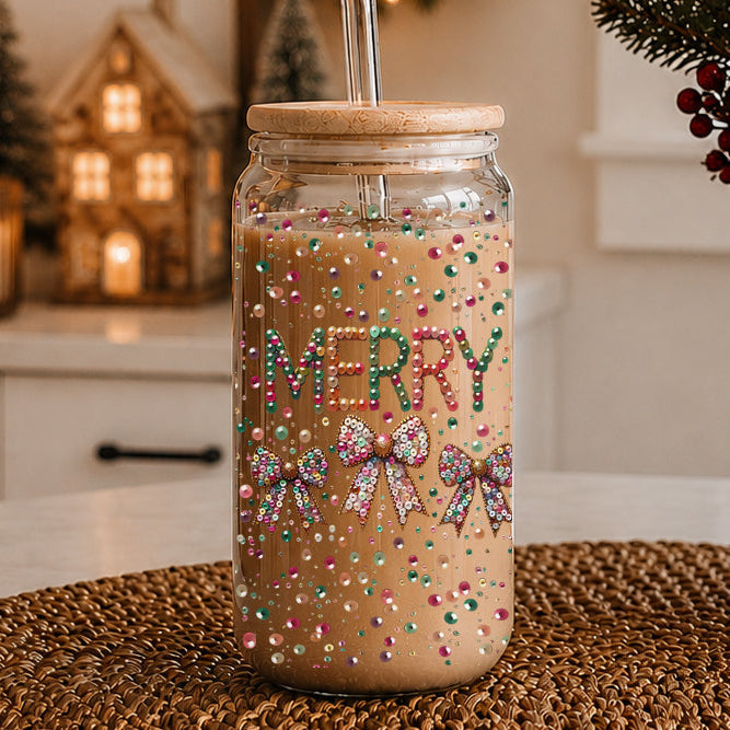 Merry Sequin Bow 17 oz Glass Tumbler