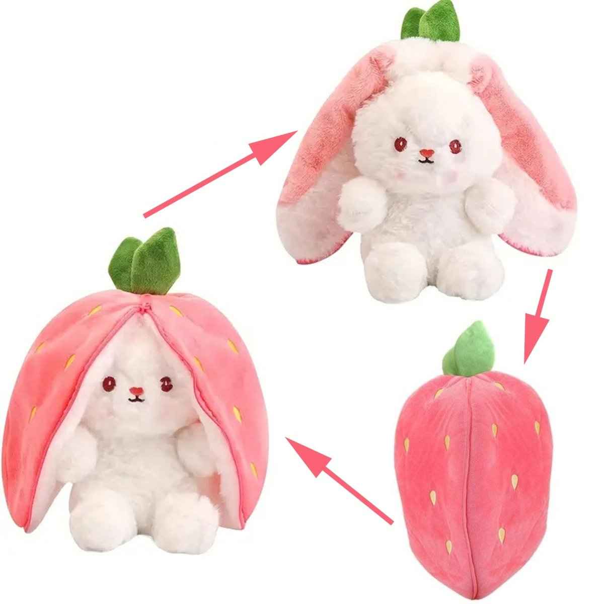 Reversible Strawberry Bunny Plush Toy Soft Polyester Kids Easter Basket Stuffer Gift Birthday Surprise for Girls and Boys