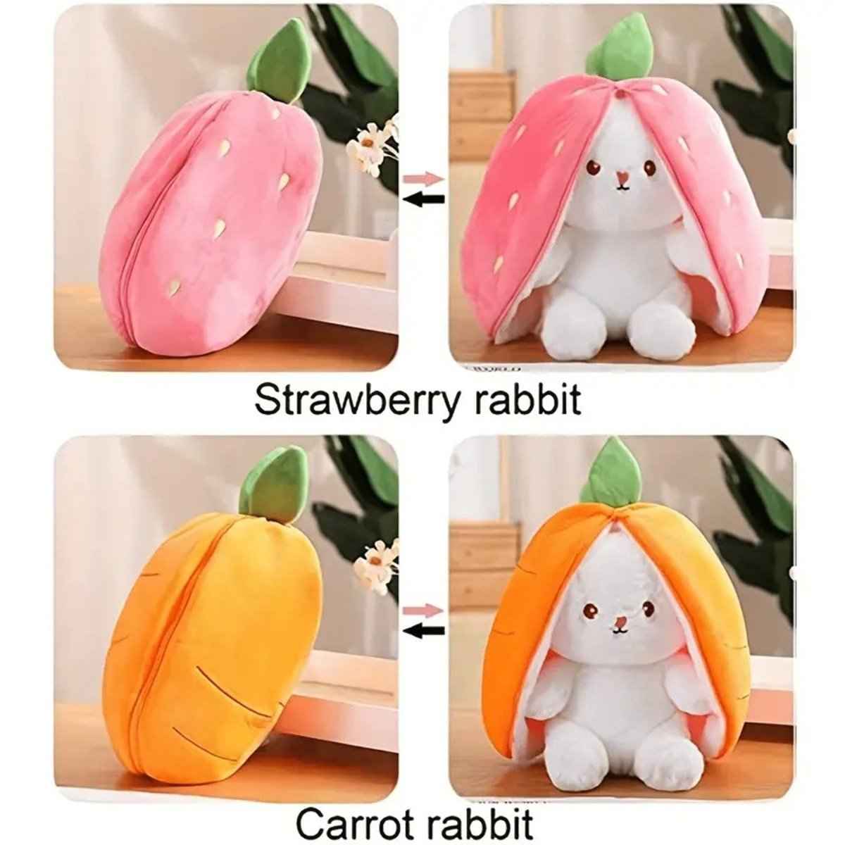 Reversible Strawberry Bunny Plush Toy Soft Polyester Kids Easter Basket Stuffer Gift Birthday Surprise for Girls and Boys