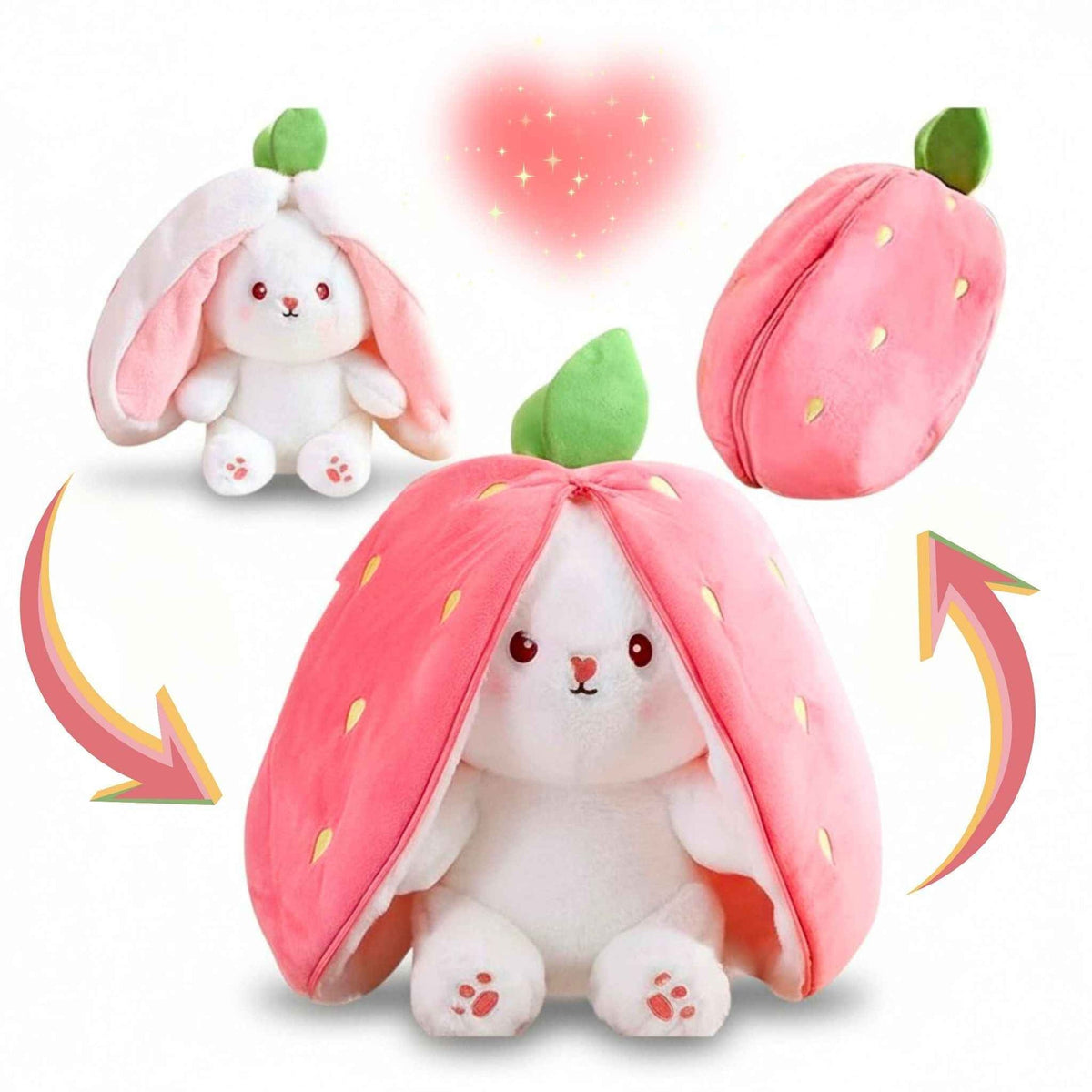 Reversible Strawberry Bunny Plush Toy Soft Polyester Kids Easter Basket Stuffer Gift Birthday Surprise for Girls and Boys