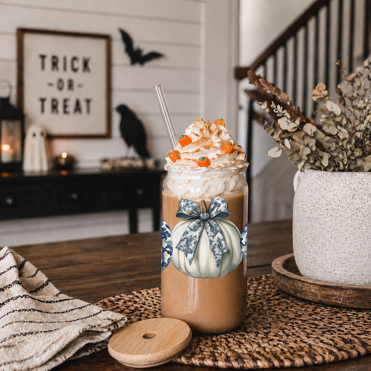Chinoiserie Pumpkin Glass Tumbler | Elegant Fall Drinkware