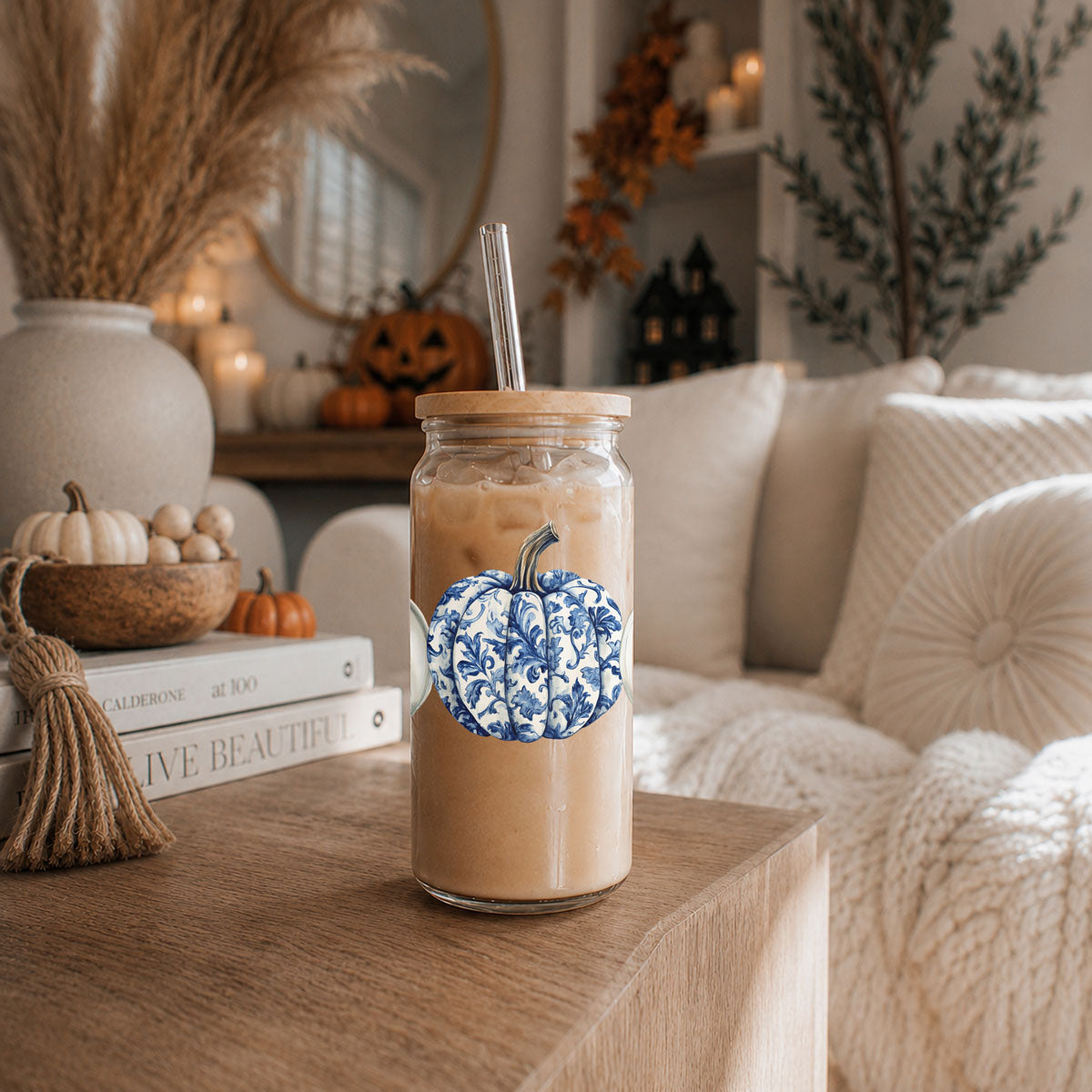 Chinoiserie Pumpkin Glass Tumbler | Elegant Fall Drinkware