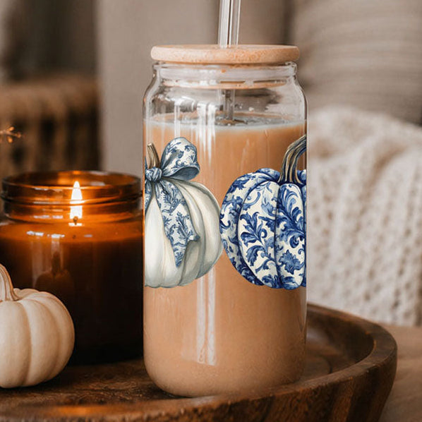 Chinoiserie Pumpkin Glass Tumbler | Elegant Fall Drinkware