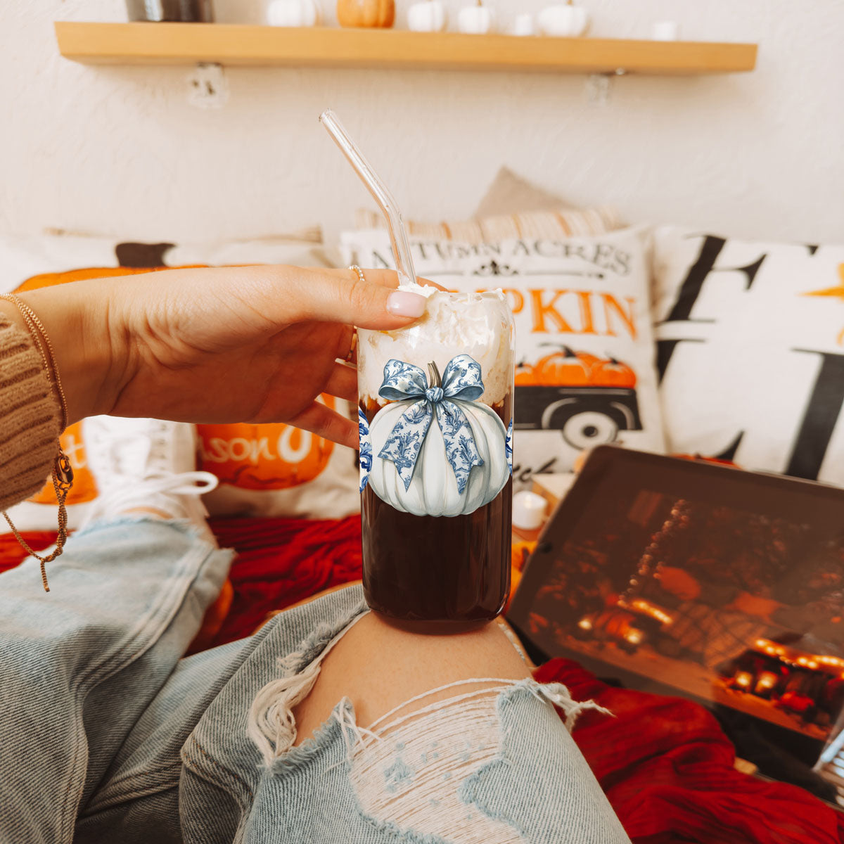 Chinoiserie Pumpkin Glass Tumbler | Elegant Fall Drinkware