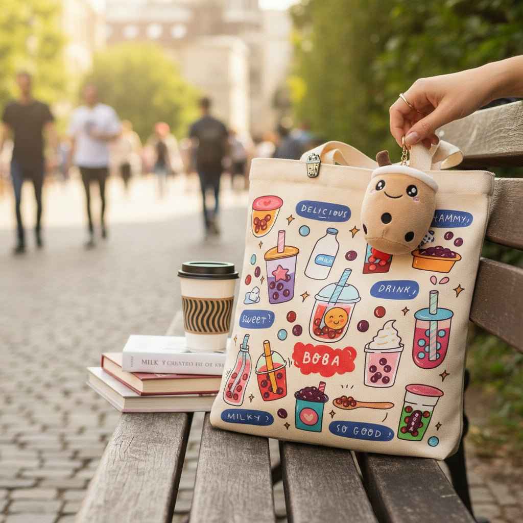Bubble Tea Tote Bag Gift Set – Boba Bag with Keychain & Pin