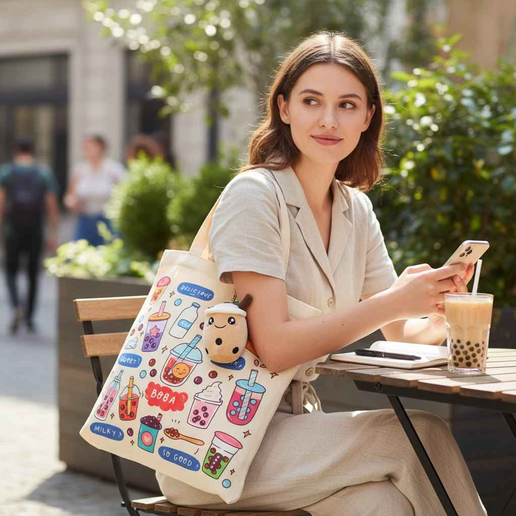 Bubble Tea Tote Bag Gift Set – Boba Bag with Keychain & Pin