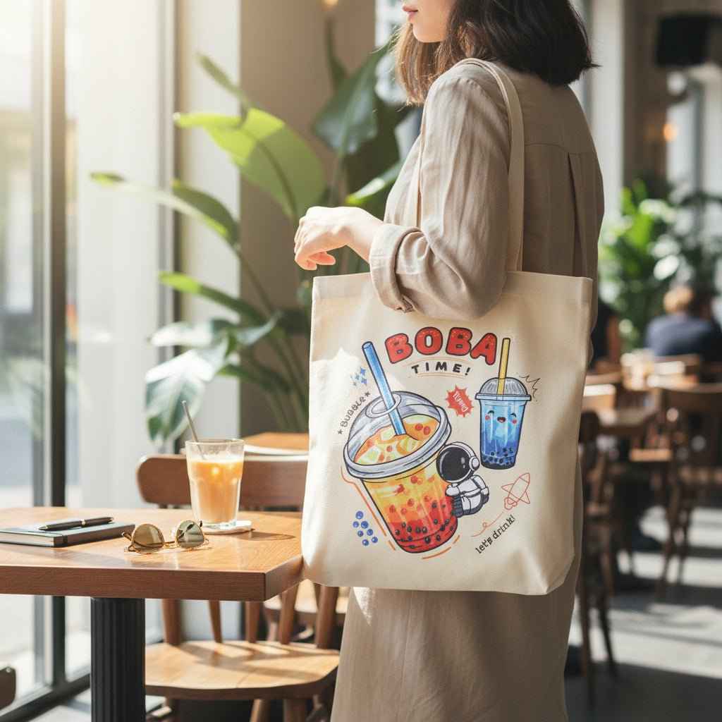 Bubble Tea Tote Bag Gift Set – Boba Bag with Keychain & Pin